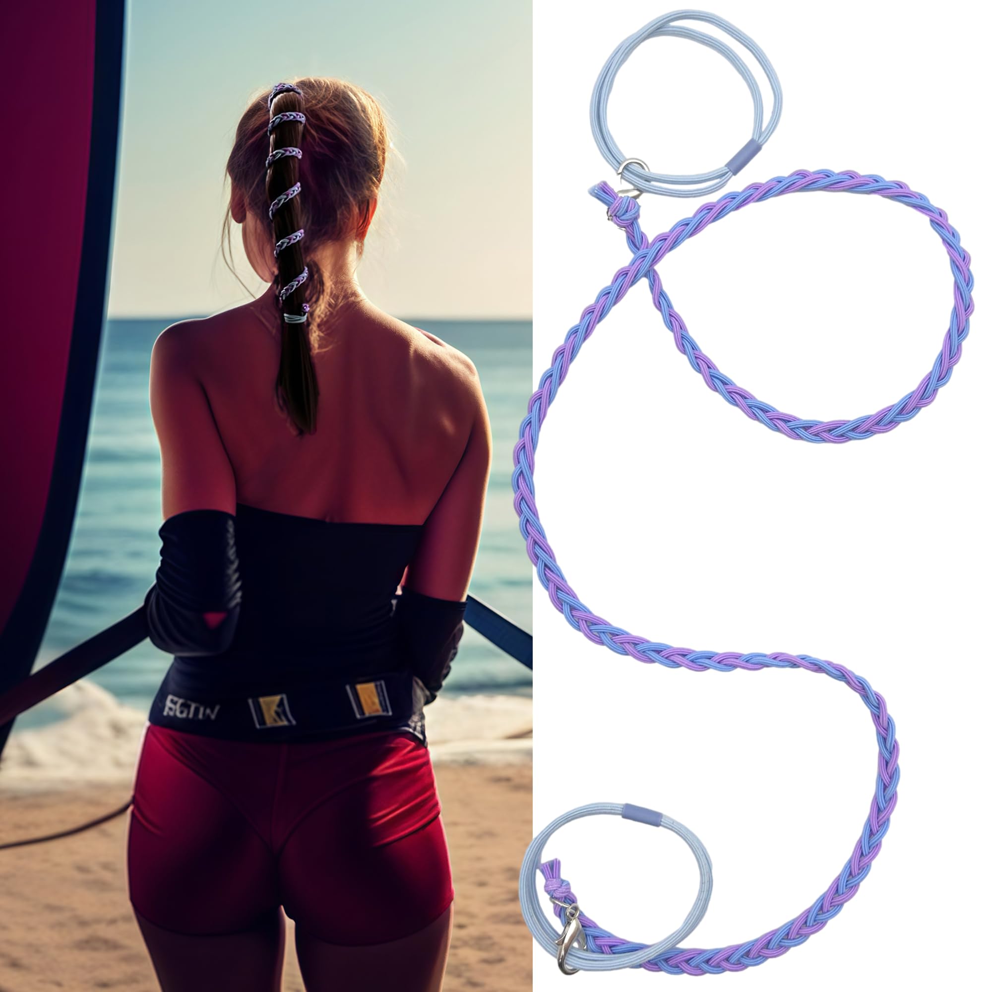 25"/64cm Rip Tie Hair Ties Ponytail Holders for Water Sports Hair Bobbles for Thick Hair Scrunchies No Damage Strong Braided Pony Tails Ties fixed Curly Hair Surfing Swimming Riding (GreenPurple)