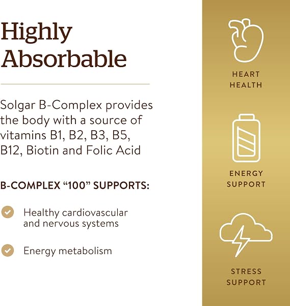 Solgar B-Complex 50, 100 Vegetable Capsules - Energy Metabolism | Cardiovascular Support, Nervous System Support - Non-GMO, Vegan, Gluten Free, Dairy Free, Kosher - 100 Servings