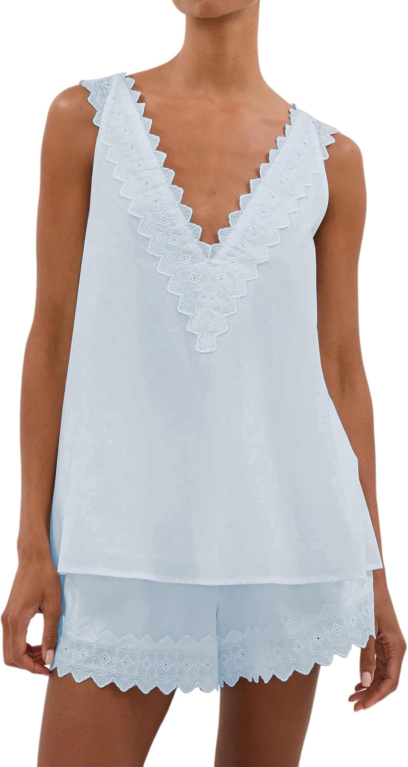 Sleeveless 2 Piece Lounge Sets for Women Lace Trim V Neck Tank Top Shorts Boho Summer Matching Vacation Outfits