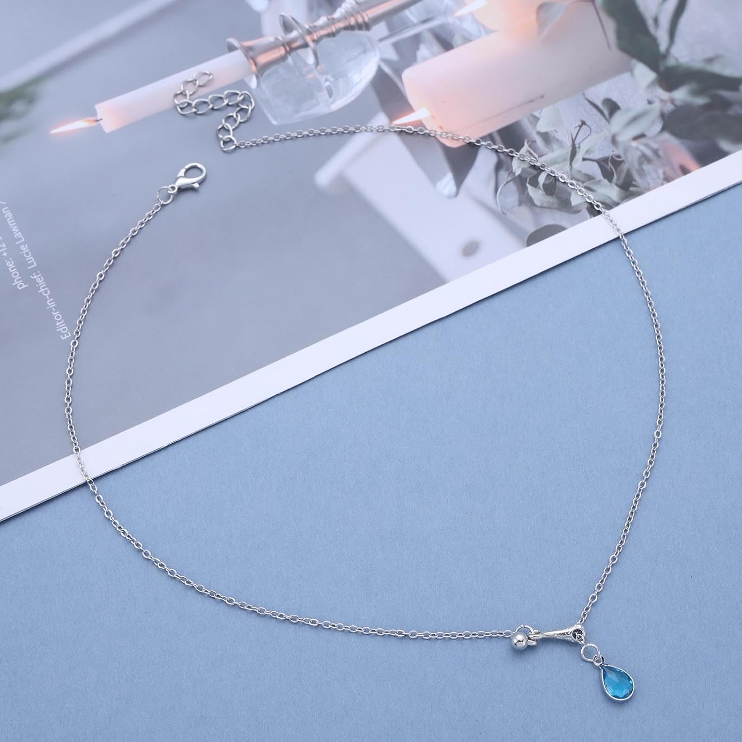 Vintage Teardrop Crystal Y Lariat Necklace Silver Tiny Teardrop Choker Necklace Small Cz Rhinestone Y Drop Necklace Blue Cubic Crystal Pendant Necklace Jewelry for Women - Image 3