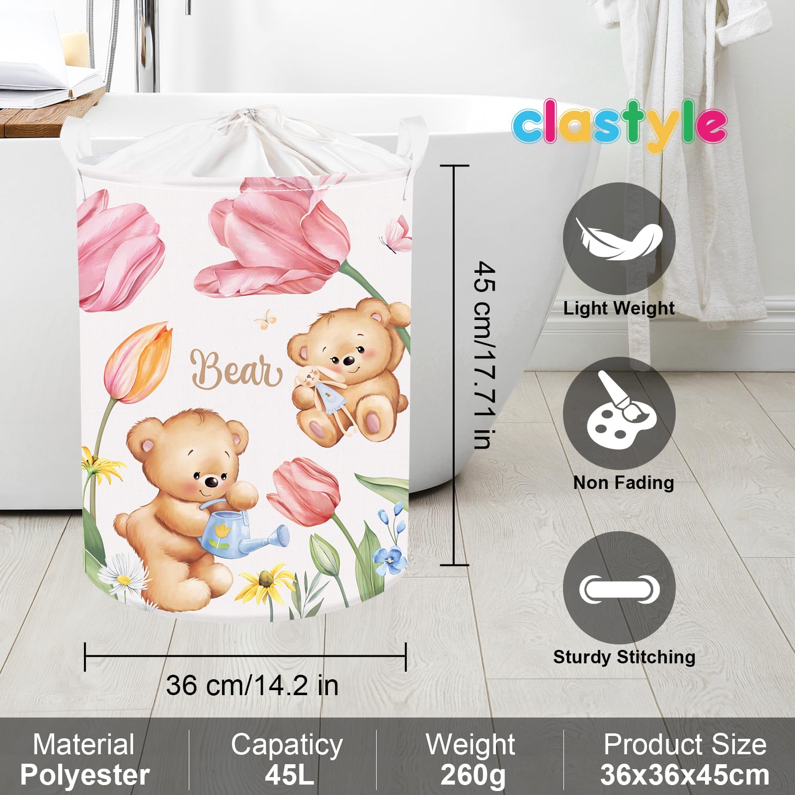 Clastyle Ceste Biancheria Orso Fiore Tulipano Rosa Cestino Portaoggetti Giocattoli Tondo Pieghevole per Camera dei Bambini, Orso tulipano, 36x45 cm