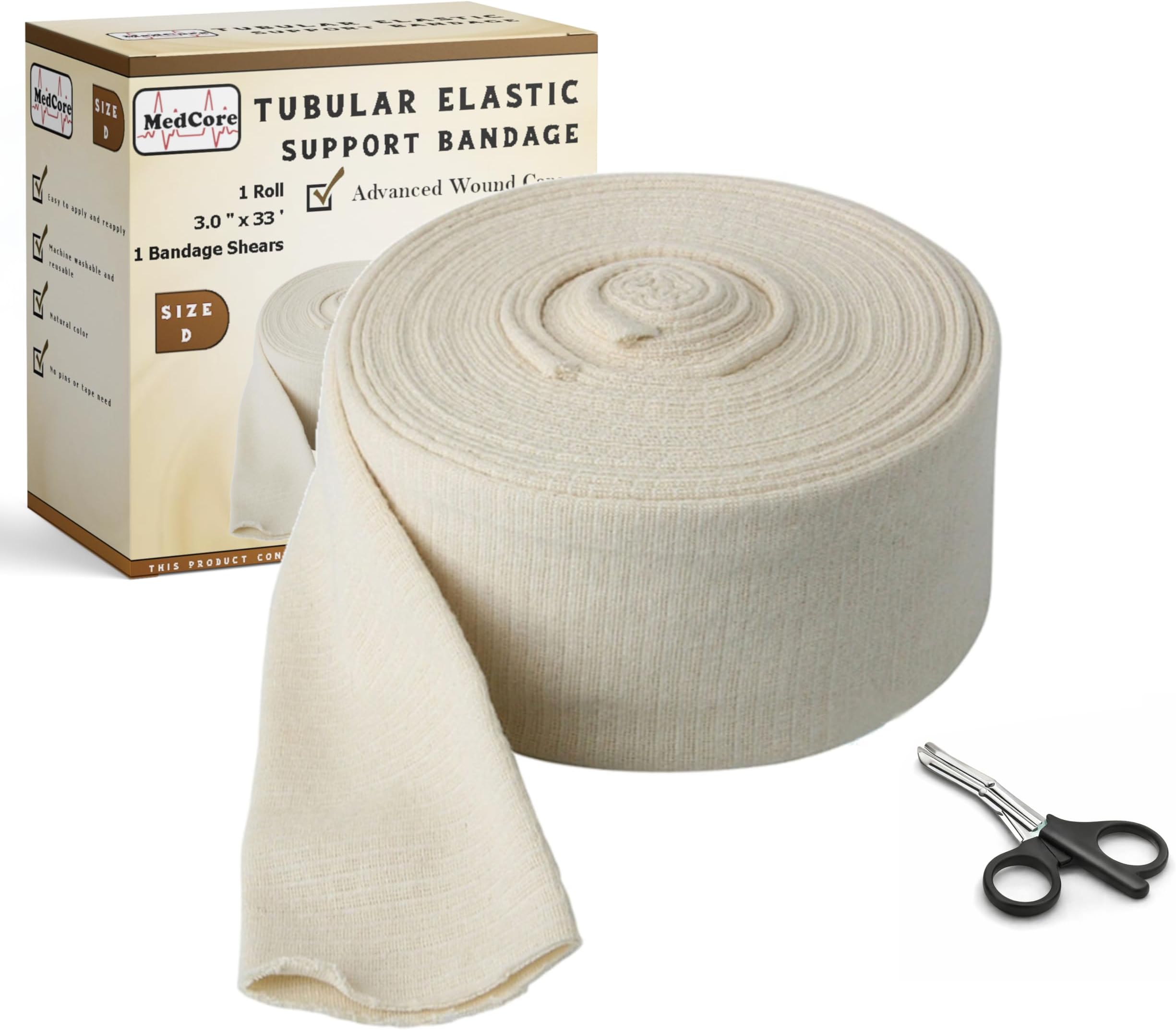 Tubular Compression Bandage Size D (3” x 33 ft) – Elastic Stockinette Support Sleeve for Elbow, Leg, Calves, Bicep & Arm – Cut-to-Fit, Washable Reusable, No Pins/Tape – Plus Medical Scissors