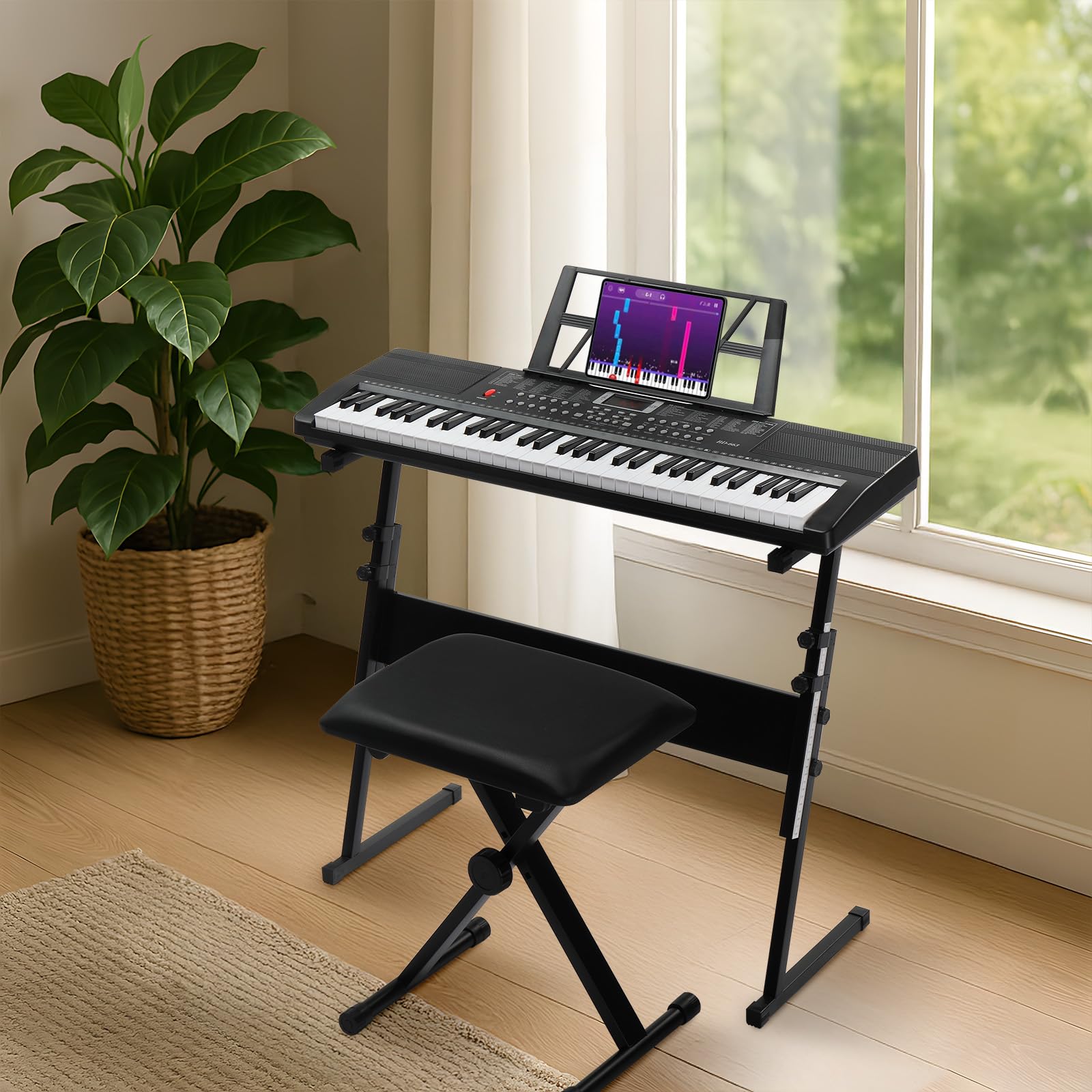 Bonnlo 61-Tasten Keyboard mit Z-Ständer, Hocker, Kopfhörer, LED-Display und 3 Lernmodi, 200 Klänge, 200 Rhythmen, mit eingebauten Lautsprechern für Anfänger & Fortgeschrittene, Schwarz