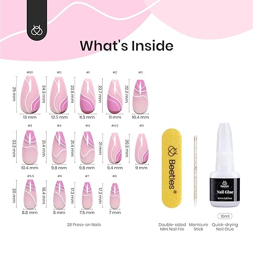 Miniatura 6 de Beetles - Uñas a presión medianas con forma de ataúd rosa, uñas reutilizables de cobertura completa en 14 tamaños, kit de 28 uñas con 0.3 onzas