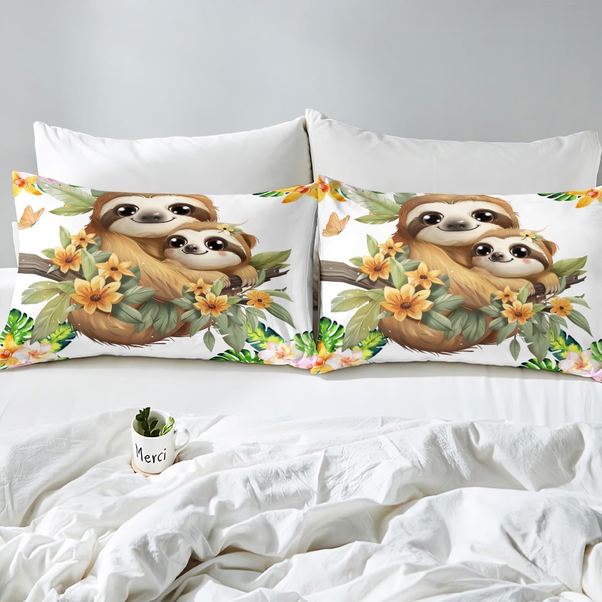 Sloth Comforter Cover For Kids, Flower Palm Leaf Duvet Cover Full, Cute Animal Lying On The Branch Bedding Set For Boys Girls Children, Cartoon Sloth Bedspread Cover Bedroom Decor, 2 Pillowcases