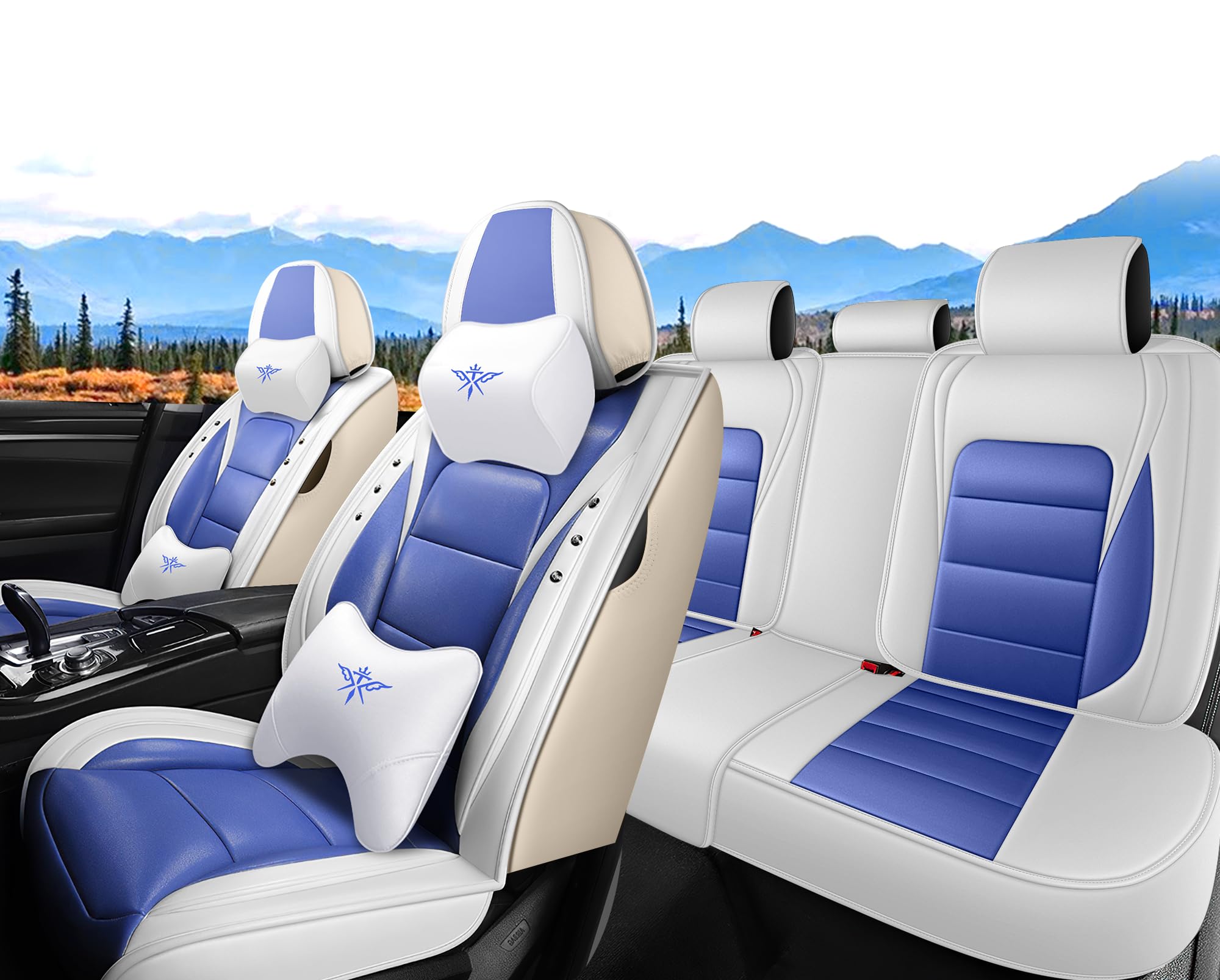 Seat Covers 5 Seats for Land Rover Range Rover Evoque 2005-2025,Luxury Full Set Front and Back Leather Car Seat Cover Full Set,Waterproof car seat Cushion,Vehicle Accessories (White Blue)
