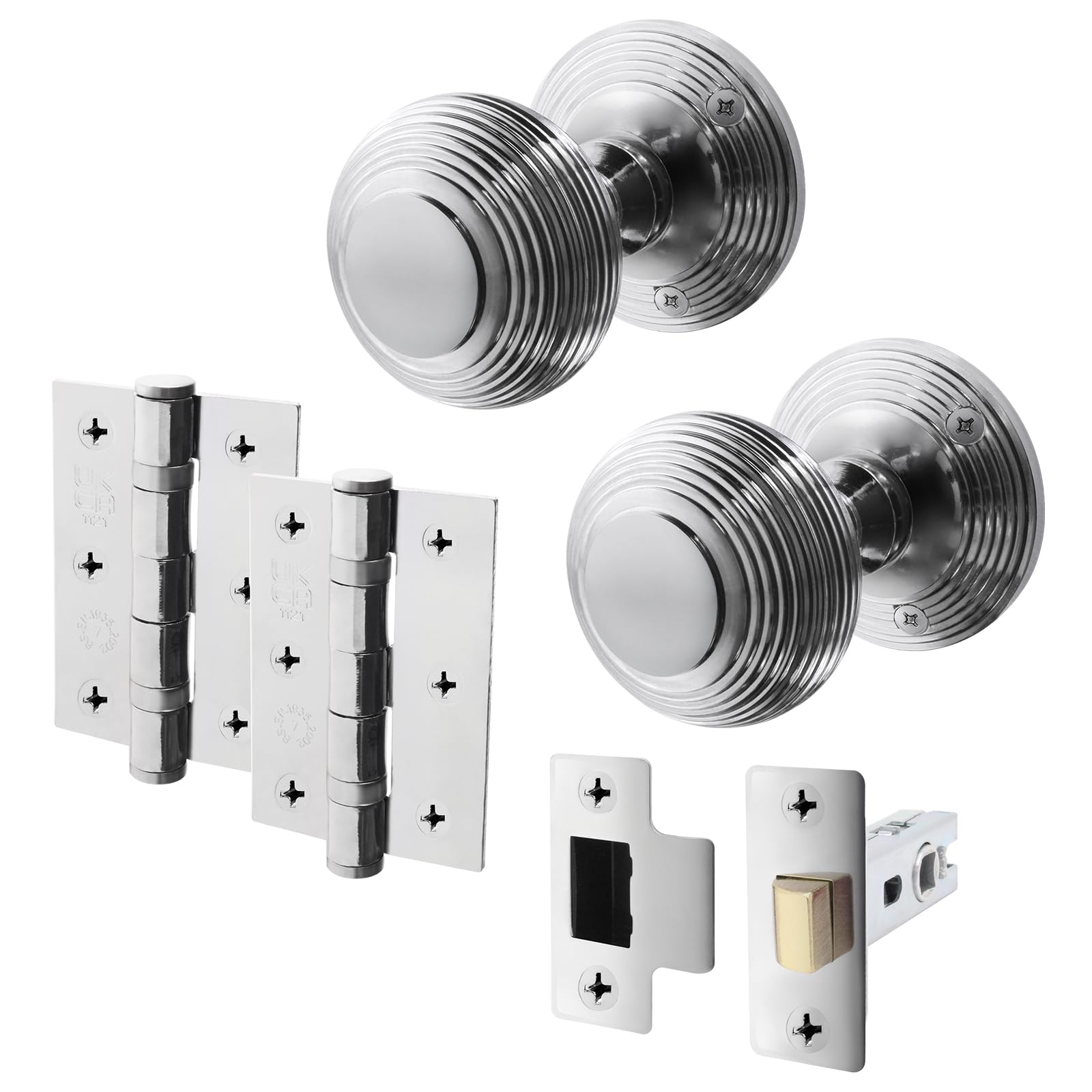 EAI Polished Chrome Door Knobs with Latch 76mm and Hinges, 1 Pack - Beehive