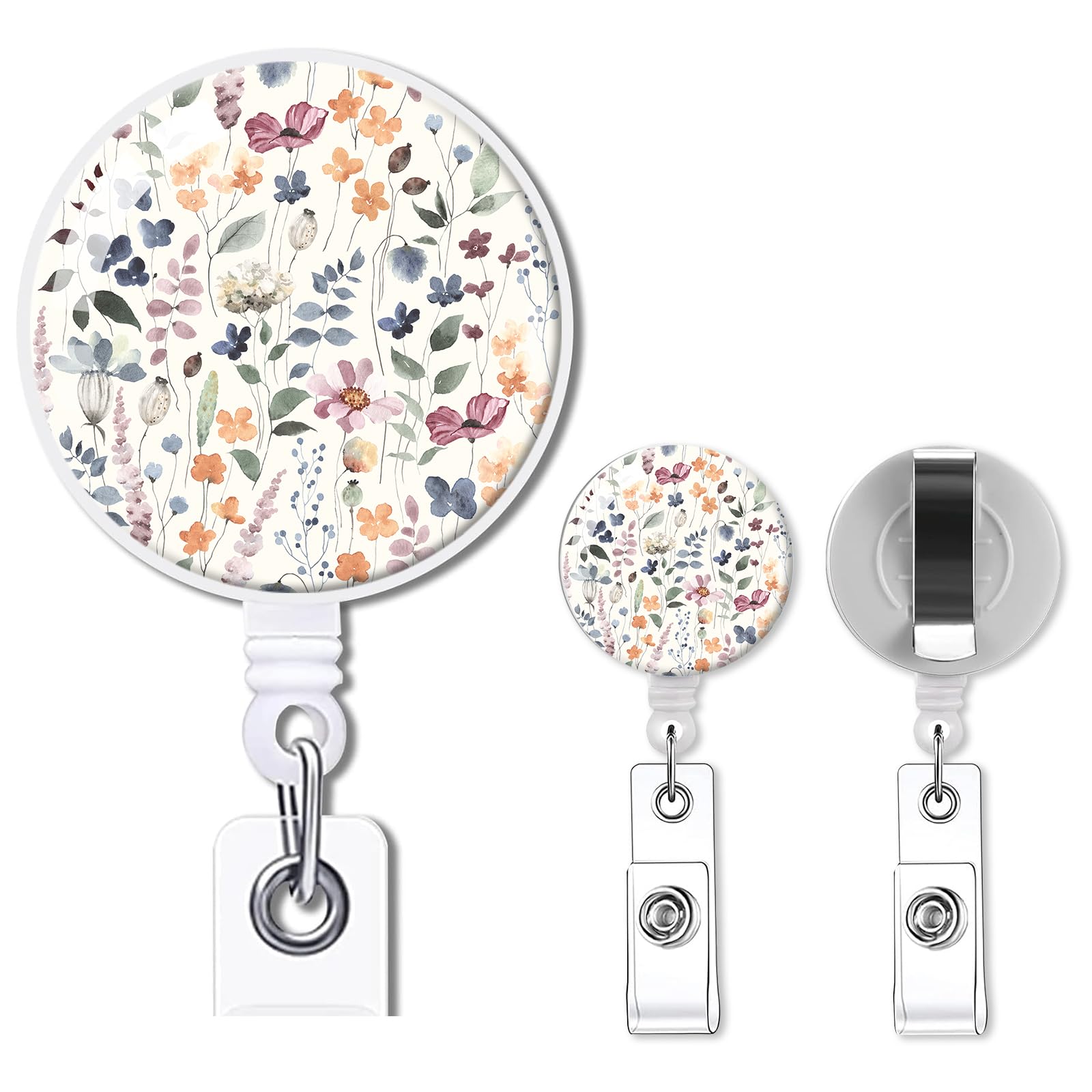 2 Pack Badge Reels, Id Badge Holders, Badge Clips - Retractable ID Card Holder for Teacher, Student, Office Worker (Cute Watercolor Flowers)