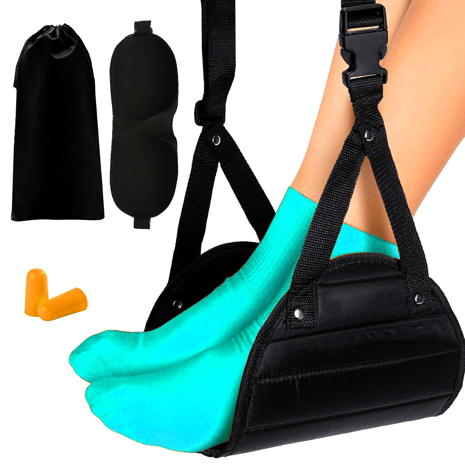 Airplane Foot Hammock, Ergonomic Foot Hammock for Plane Travel with Eye Mask and Earplugs (Memory Foam),Perfect Airplane Gadgets or Plane Travel Essentials to Relax Your Feet