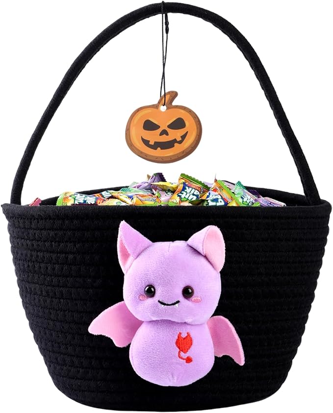 Halloween Candy Basket for Kids Cotton Rope Trick or Treat Bag with Black Cat Design