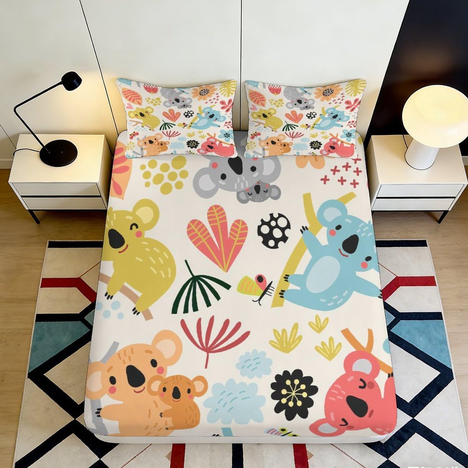 Decorative Koala Pattern Fitted Sheet, 3D Printed, Soft Touch Microfiber Bed Cover for Bedroom, Wrinkle Resistant, Apartment Bedding, Easy Care, 200x200x25cm