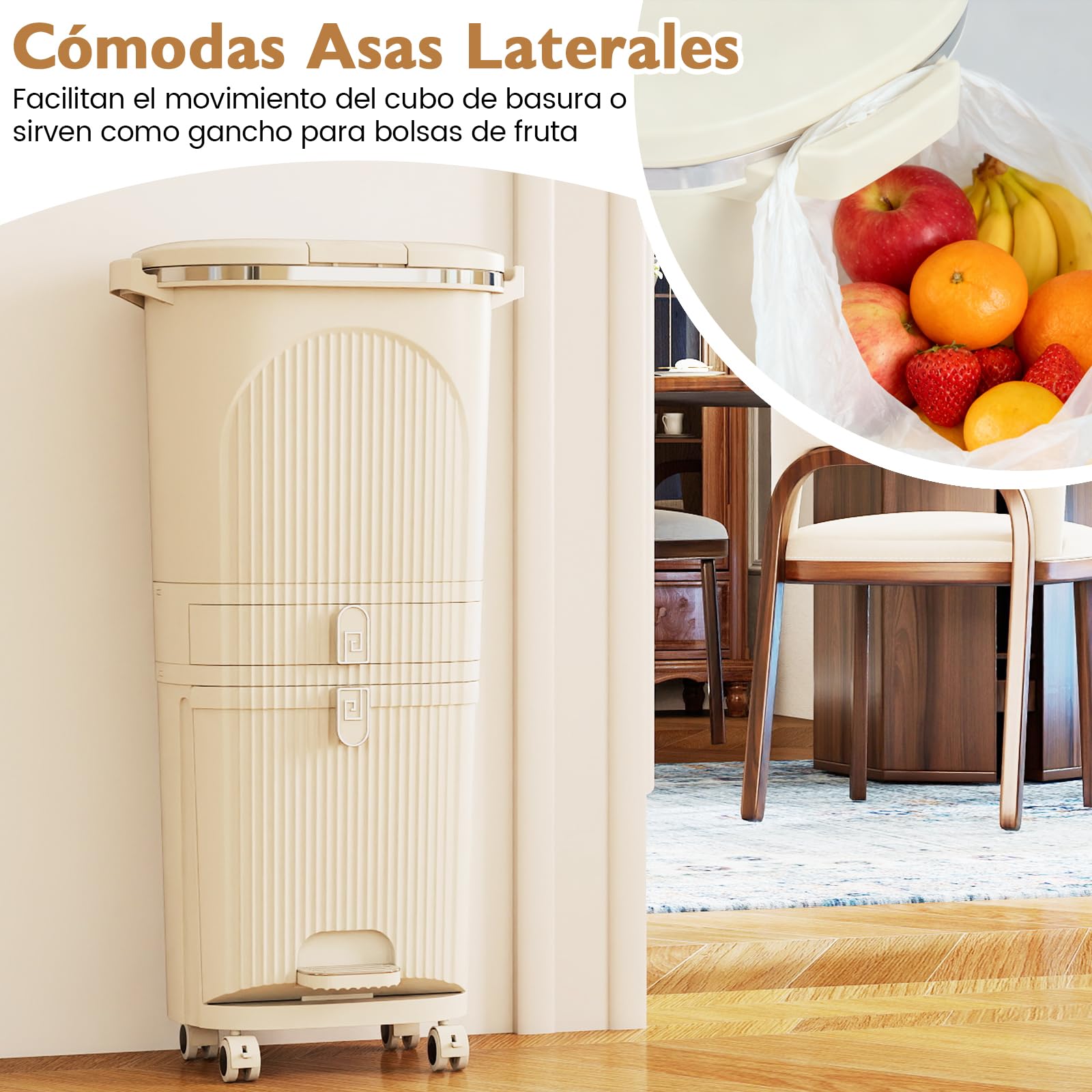 GOPLUS Cubo de Basura Cocina 42 L con 3 Compartimentos, Pedal y Ruedas, Cubo Basura con Tapa, 2 Cubos Extraíbles y Cajón, Contenedor Vertical para Reciclaje para Salón, Baño, Beige