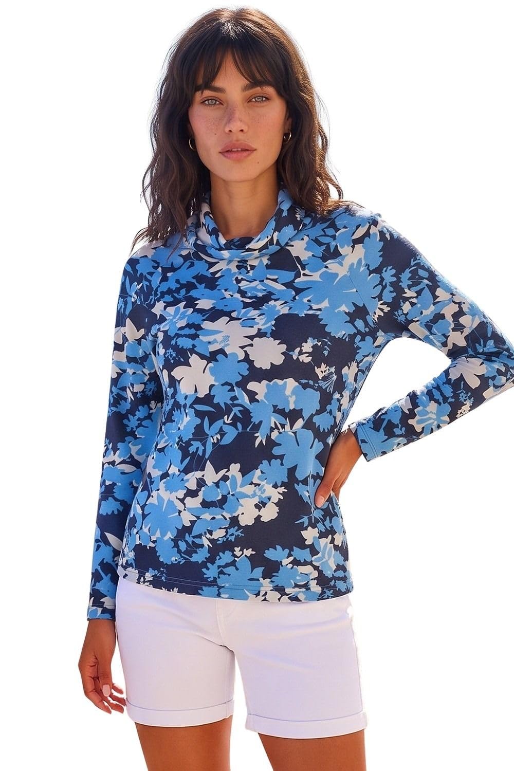 Roman Cowl Neck Top for Womens UK - Ladies Jersey Blouse Stretch Ruched Waist Flattering Smart Casual Formal Party Work Office Autumn Winter Shirt 3/4 Sleeve Blue Ivory