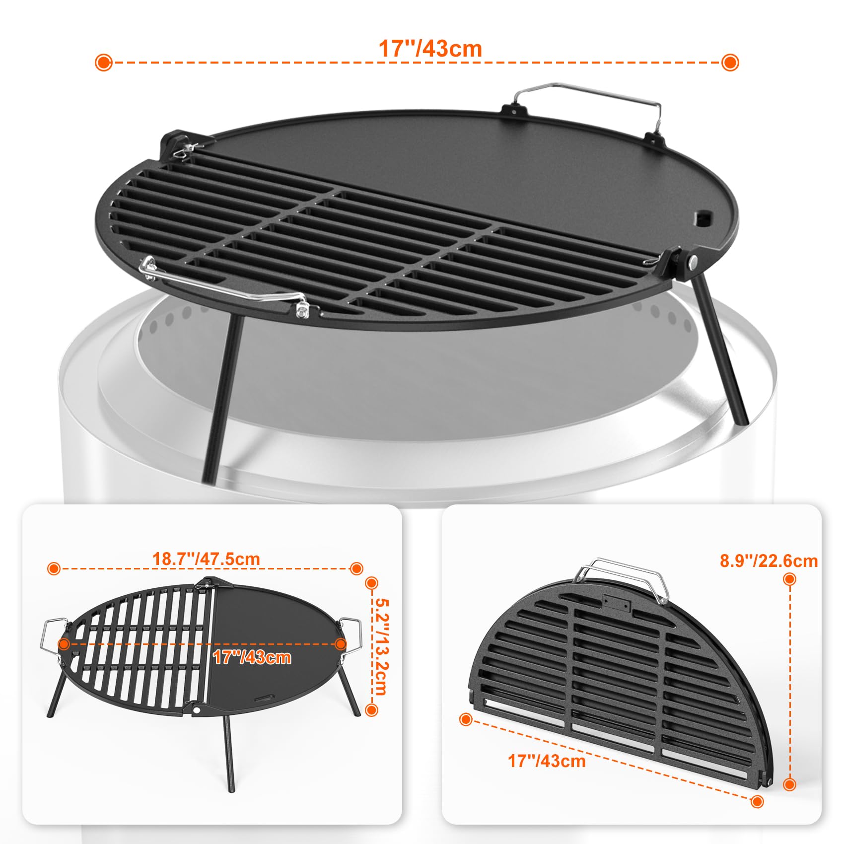 Onlyfire Żeliwna płyta grillowa Solo, bezdymny Bonfire, 49,5 cm, składany grill i płyta grillowa 2 w 1 z kubkiem tłuszczu do grilla na podwórku i na świeżym powietrzu