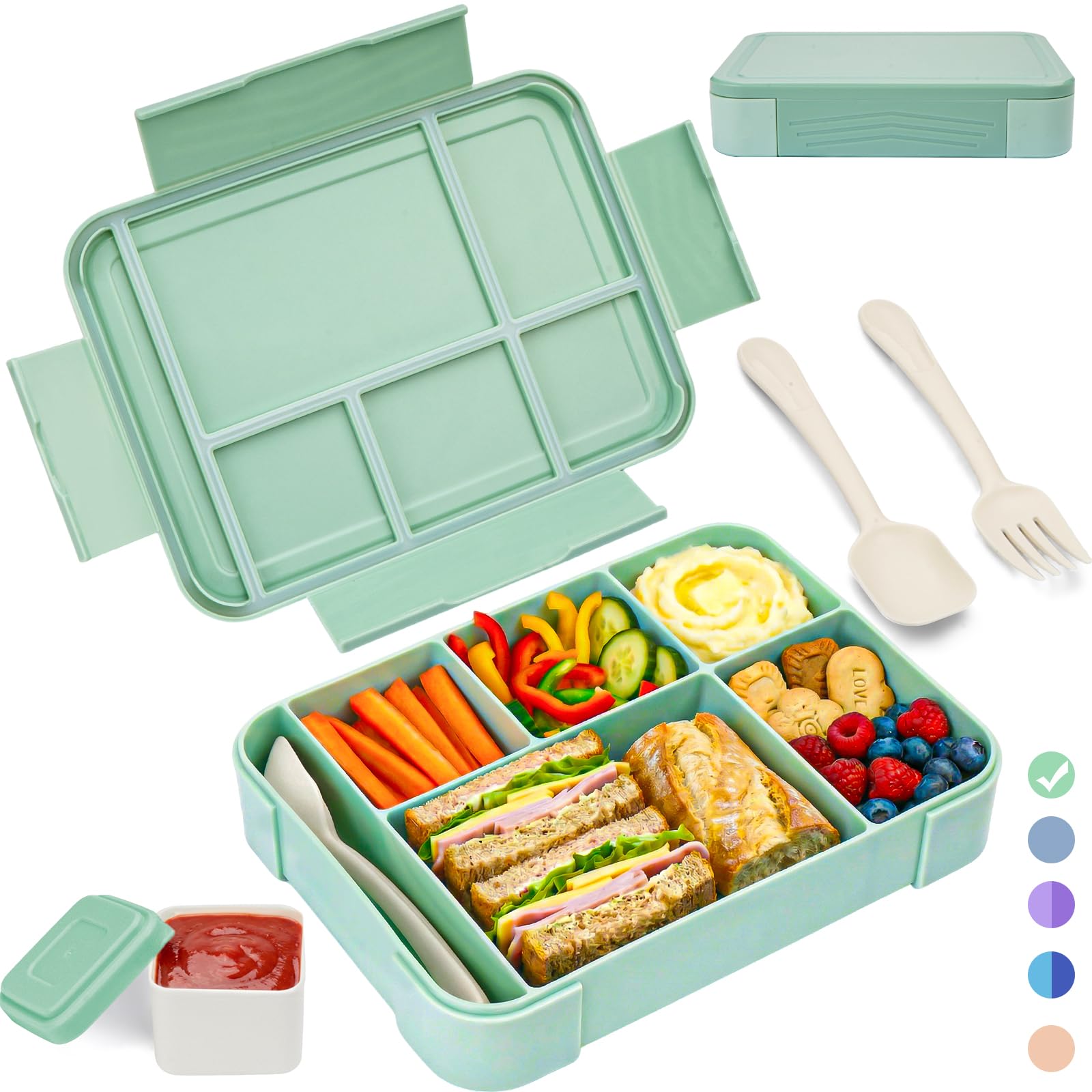 BIBURY Brotdose Kinder mit Fächern Auslaufsicher 1300ml, BPA-frei Lunchbox Kinder Bento Box auch für Erwachsene mit 5 Fächern und Saucenbox für Schule & Kindergarten & Ausflüge, Leicht 340g