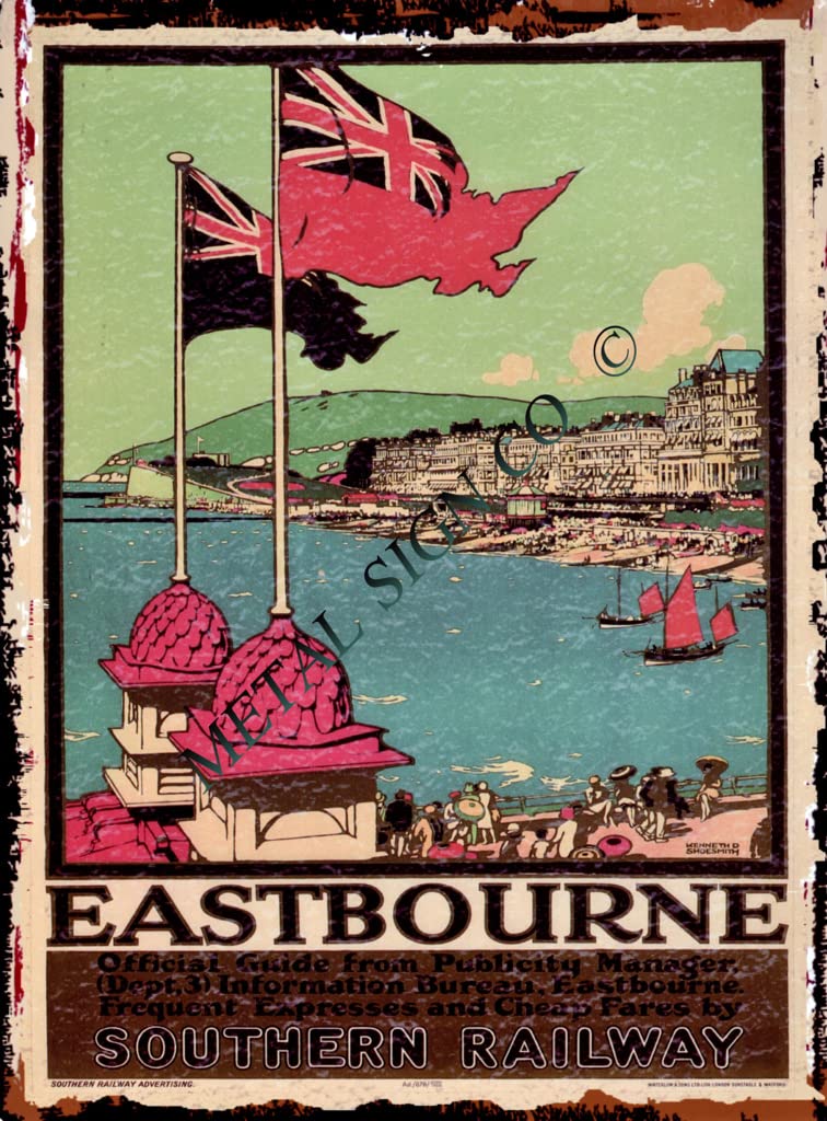 small EASTBOURNE SOUTHERN RAILWAY TRAIN ADVERT METAL WALL SIGN RETRO VINTAGE STYLE 15x20cm coffee shop kitchen bar pub wall art office games room home cinema train railway br sr