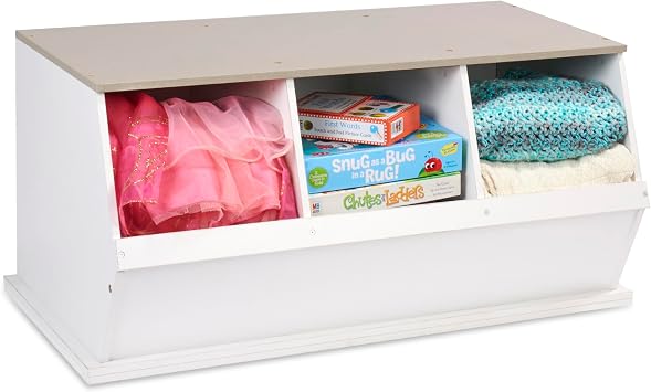 Badger Basket 3-Bin Stackable Toy Storage Cubby Organizer, Modular Space-Saving Storage for Toys, Blankets, Crafts, Playroom, Bedroom, or Living Room White & Light Gray