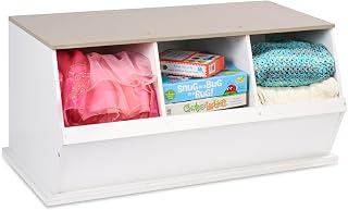 Badger Basket 3-Bin Stackable Toy Storage Cubby Organizer, Modular Space-Saving Storage for Toys, Blankets, Crafts, Playroom, Bedroom, or Living Room – White & Light Gray