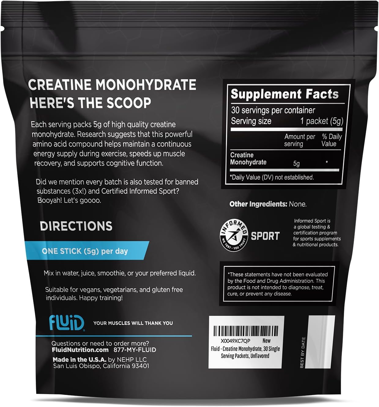 Fluid Creatine - Informed Sport Certified | Ultra-Fine Micronized 100% Creatine Monohydrate Powder | Unflavored | 5g Travel Stick Packs | 30 Servings - Image 2