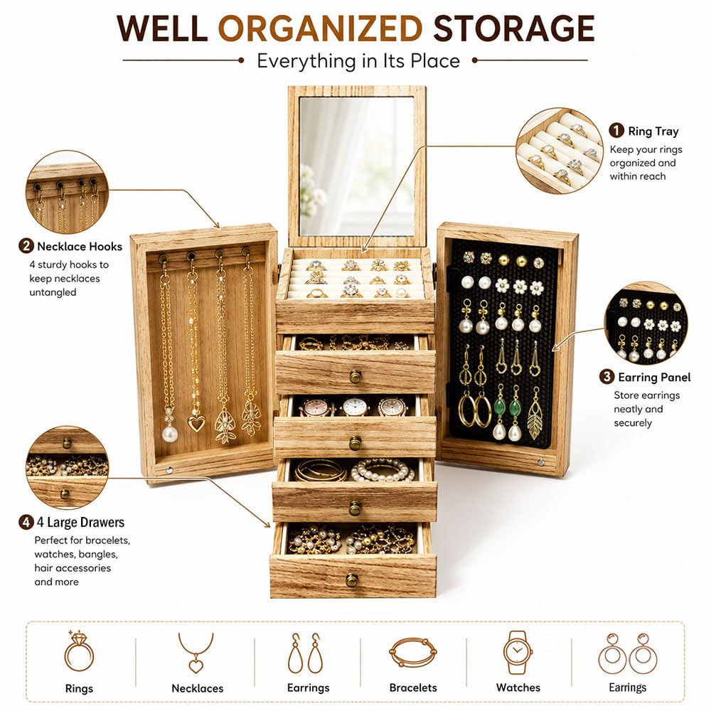 5 Niveles Joyero Madera Grande de con 4 Cajones, Espejo | para Pendientes Pulseras Anillos Collares,Organizador Joyas Rústica con 4Cajones,Organizador Caja Grande,Joyeros Organizador