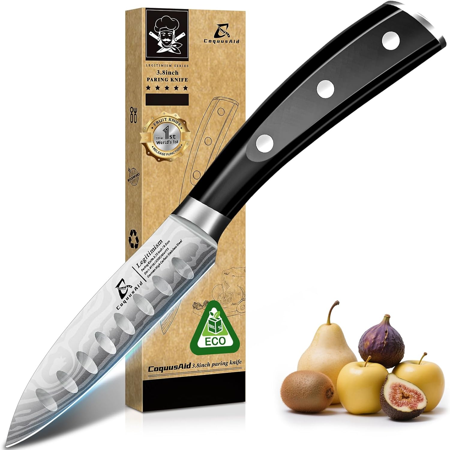 Paring Knife 3.75 Inch Fruit Knives, Small Kitchen Knife, Ultra Sharp German Stainless Steel Vegetable Knives, Damascus Pattern, Full Tang Handle Design, Elegant Black Ideal for Gift