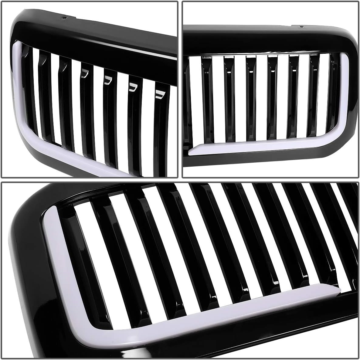 PM PERFORMOTOR Badgeless Fence Front Bumper Grille Grill w/LED Compatible with 99-04 Ford F-250 / F-350 / F-450 / F-550 Super Duty, Glossy Black,PM-GR-0054