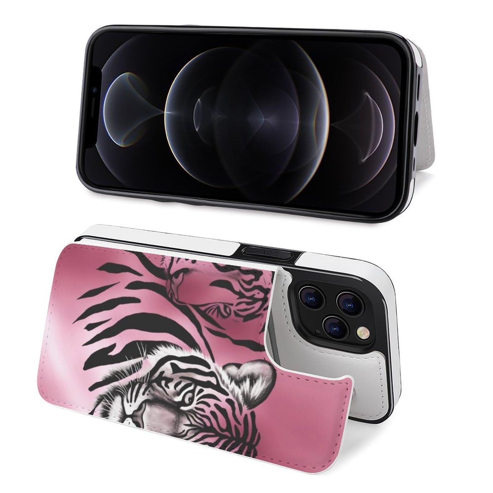 Fundas tipo cartera para iPhone 12 Pro Max, cebra, tigre, leopardo, estampado rosa, funda de piel con tapa para teléfono con ranuras para tarjetas