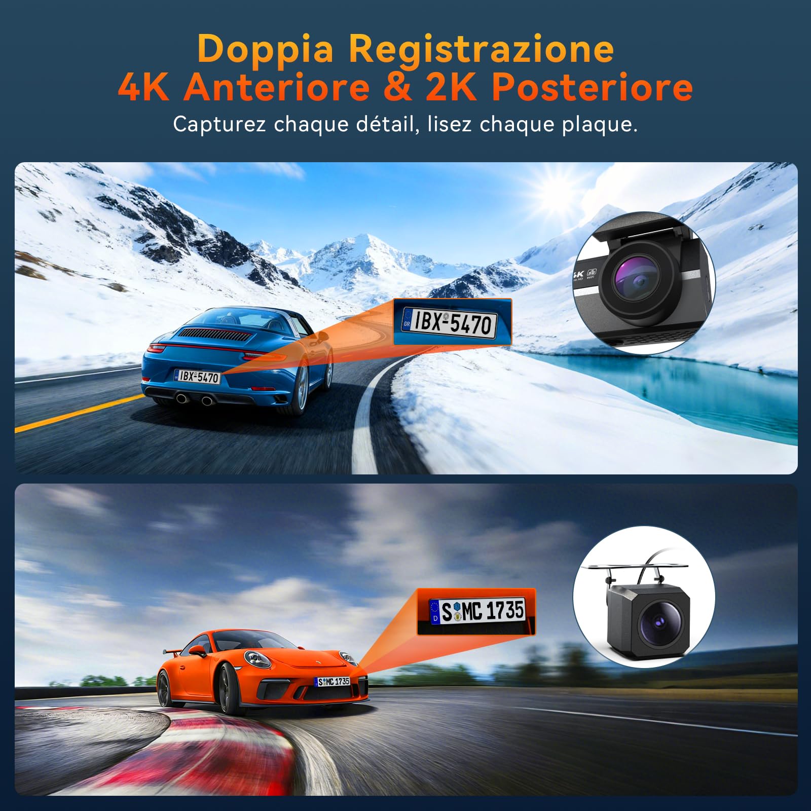 Dash Cam Auto 4K+2K – Dashcam WiFi 5GHz con Scheda 64GB, Telecamera per Auto Fronte Retro, Grandangolo 170°+120°, Visione Notturna WDR, Sensor G, Registrazione in Loop, Parcheggio 24h
