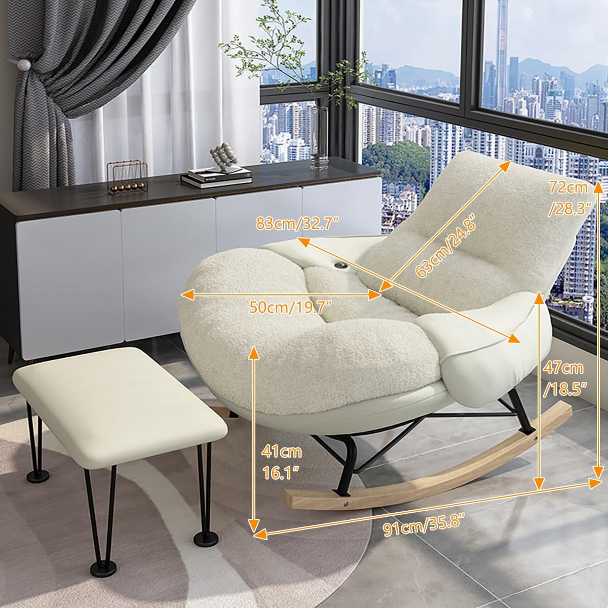 Modern Accent Rocking Chair with Armrests, Nursery Rocking Chairs with Ottoman, Upholstered Recliner Chair High Back, Ergonomic Design, Sled-Style Solid Wood Base, Wide Seat Surface for Bedroom(Gray)