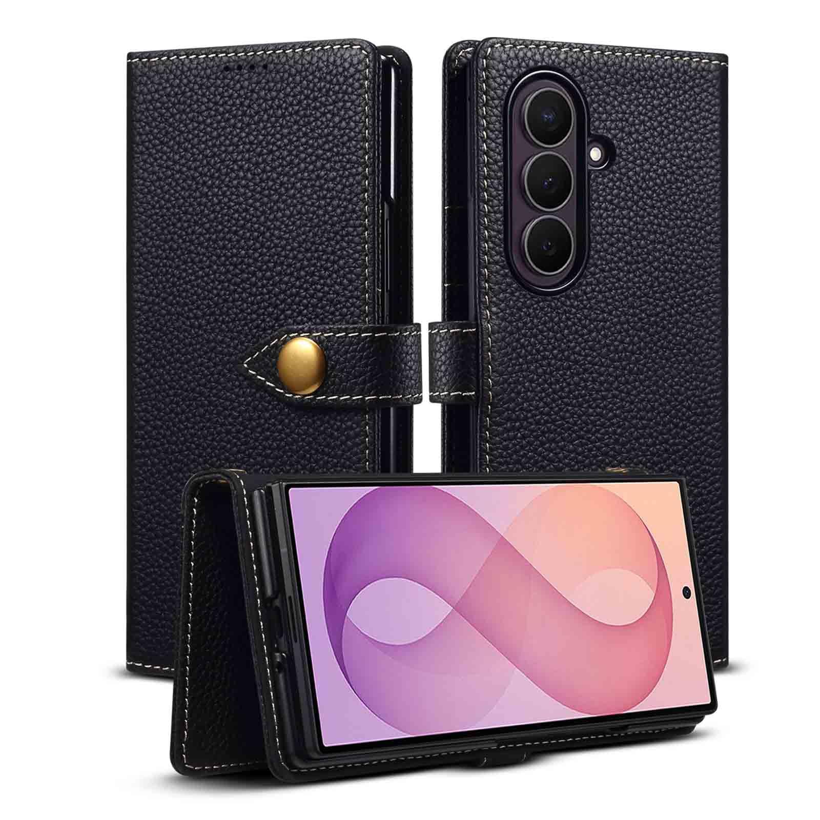 Funda con Tapa For Samsung Galaxy Z Fold 8 Ultra, Funda De Cuero Genuino Textura Litchi Ranuras For Tarjetas Cierre Magnético Forro De Fibra Carcasa De Protección contra Caídas(Gold)