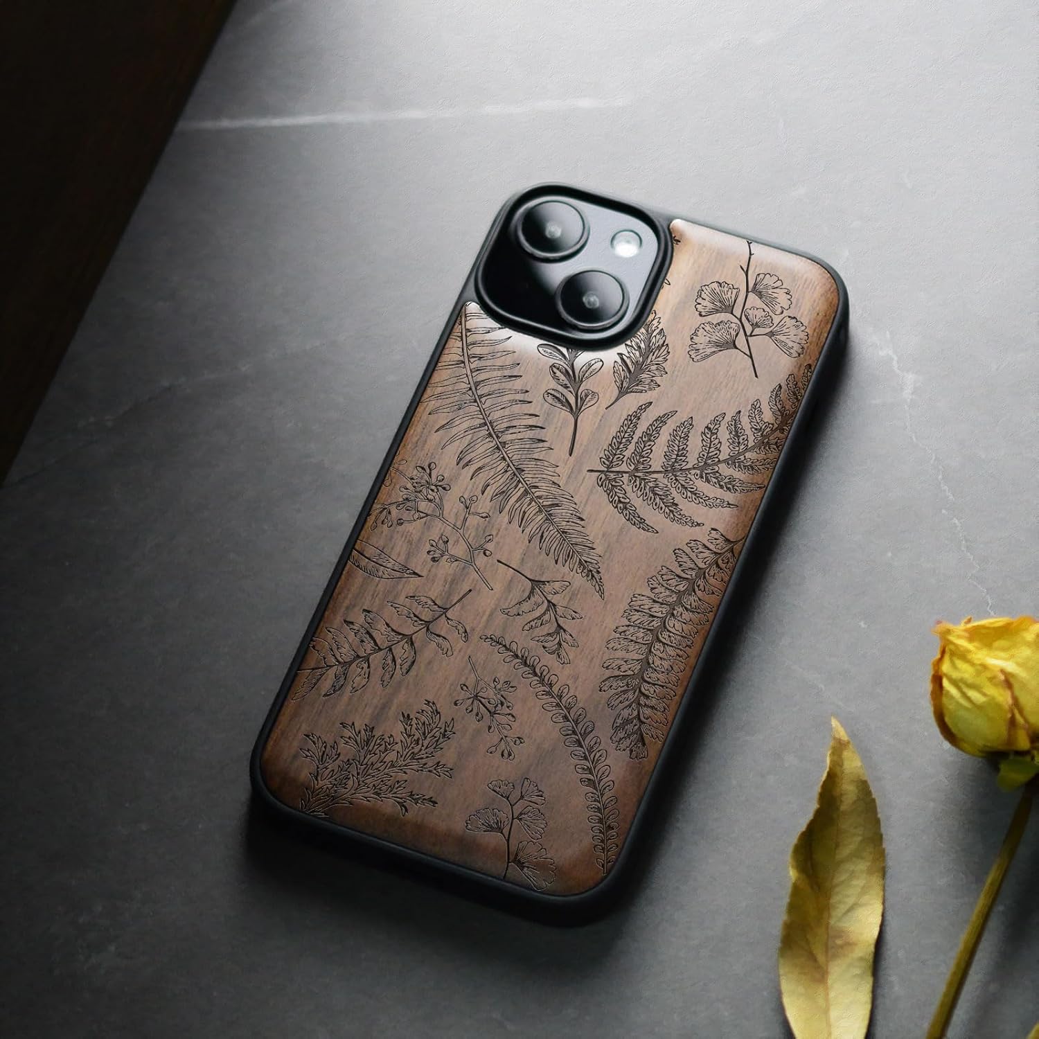 Carveit Magnetic Wooden Case for iPhone 15 Case, Compatible with MagSafe Wireless Chargers, Black Soft TPU Shockproof Cover & Wood Artisan Engraved (Fern Leaves & Herbs) - Walnut