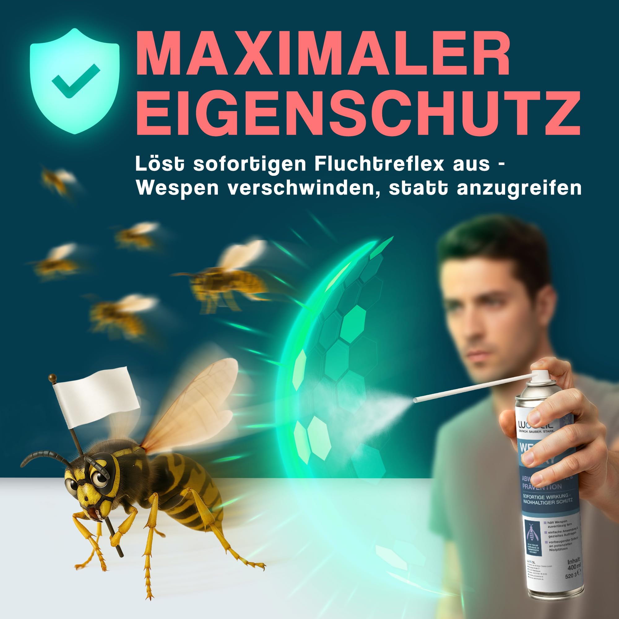 Wespenspray mit langem Sprührohr & 10x mehr Wirkstoff (2% Geraniol) – EXTRA STARK – Sofortiger Abwehrschutz mit Langzeitwirkung – 15 cm Sprührohr – Made in Germany – LUDOAL 400 ml (PT19)