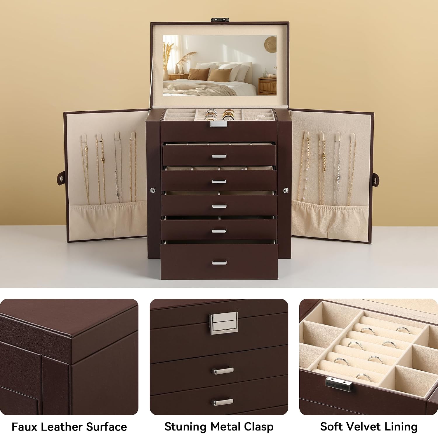 Frebeauty 6-Layer Jewelry Box for Women,Large Jewelry Organizer with Drawer image 4