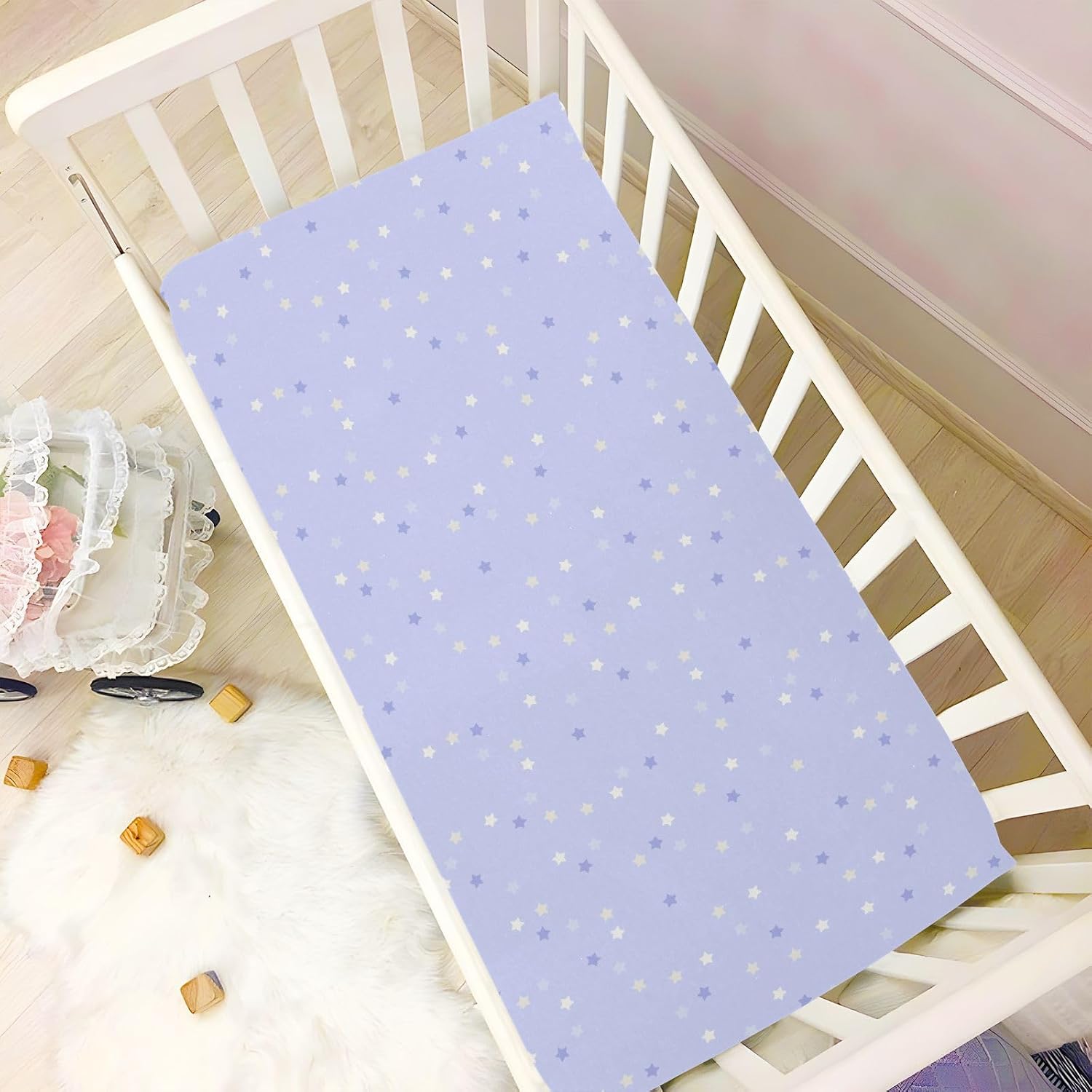 Baby Crib Sheets Cute Purple Star on Blue Sky Crib Sheets for Boys Girls,Neutral Bassinet Toddler Bed Play Sheets Breathable Soft and Portable 52 * 28 * 9in
