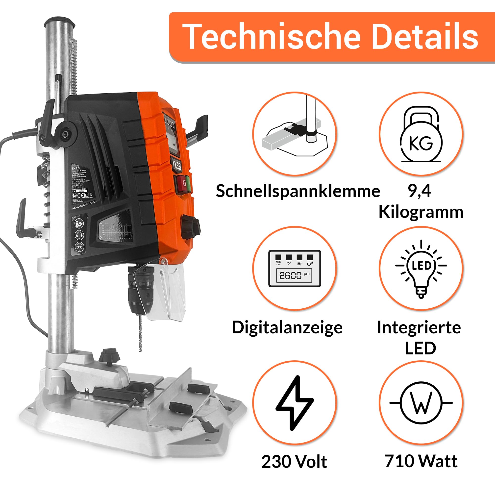 IXES Tischbohrmaschine IX-DBP60 | Digitaldisplay | LED-Licht & Laser | Bohrfutter 1,5 13mm | 710 W | 2-Gang Bohrmaschine mit variabler Drehzahl: 170 880/490 2600 min-1