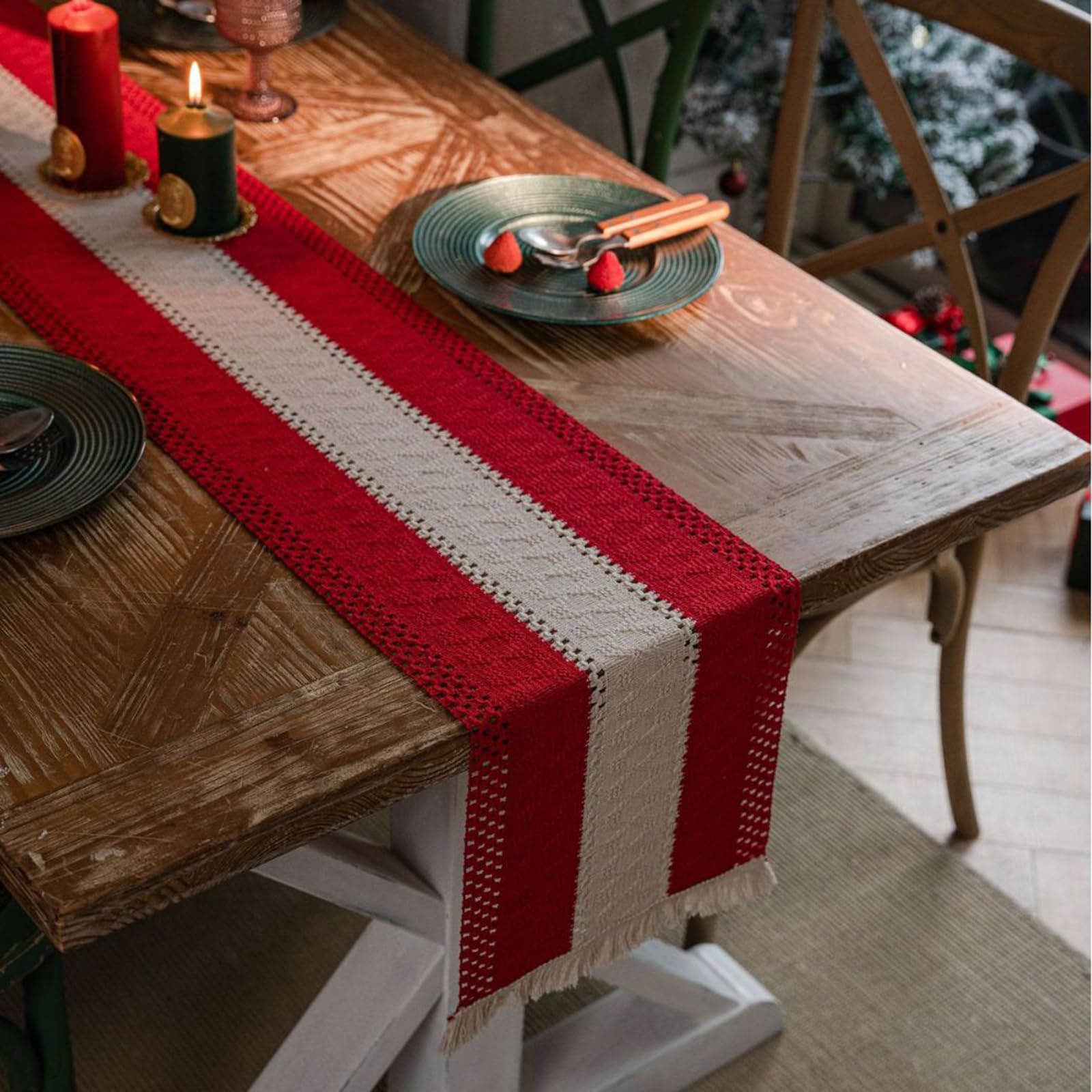 Rustykalny bieżnik z frędzlami, ręcznie tkana bawełna i len Dekoracja stołu wiejskiego Bieżnik na przyjęcie świąteczne, dekoracje w stylu vintage Boho czerwone po obu stronach 30*400 /83
