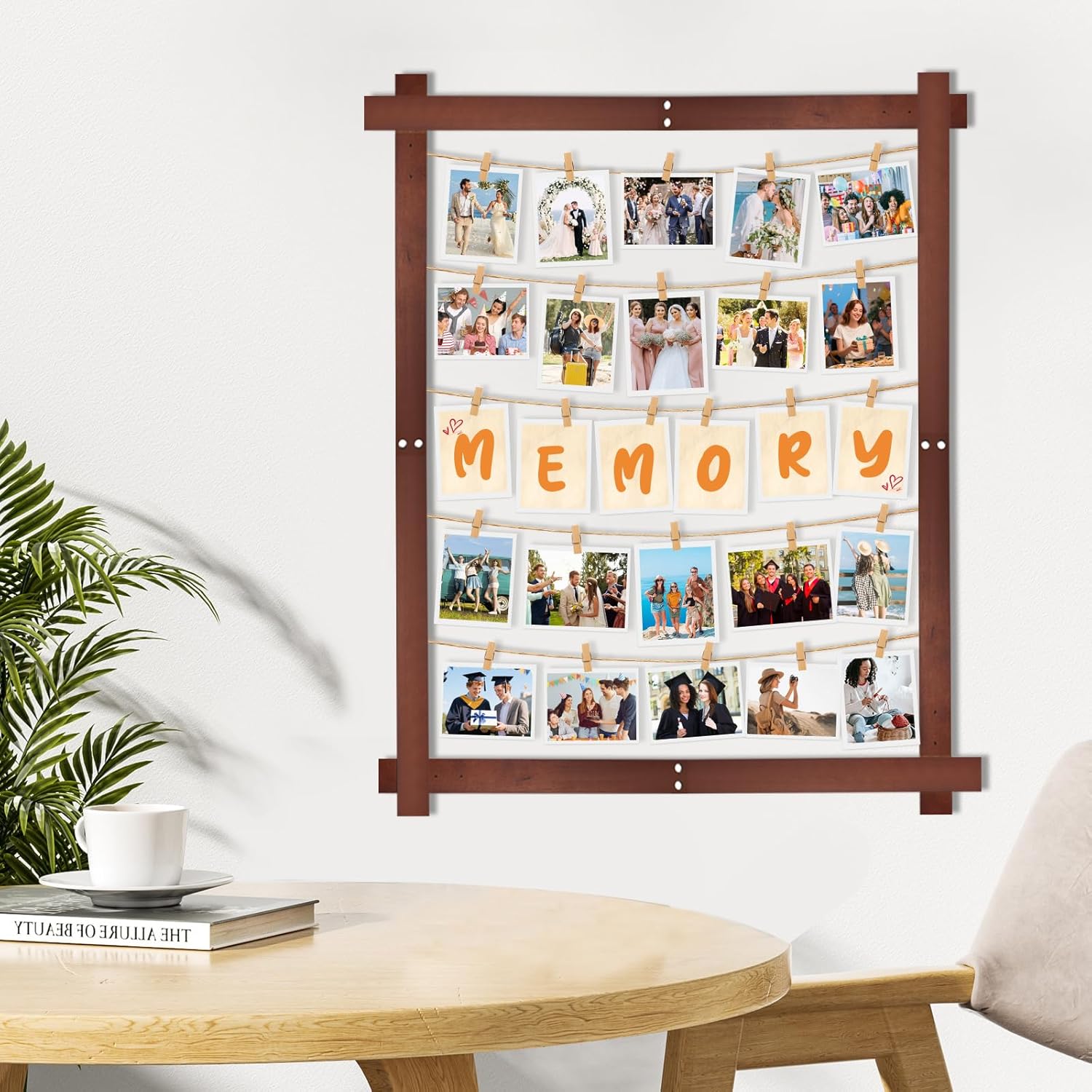 1 Pack 32x24Inch Photo Display Board for Wedding 2026 Graduation Decor Collage Wooden Picture Frames with Clips Rustic Wall Frames for Graduation Party Hanging Photos Postcards Greeting Cards
