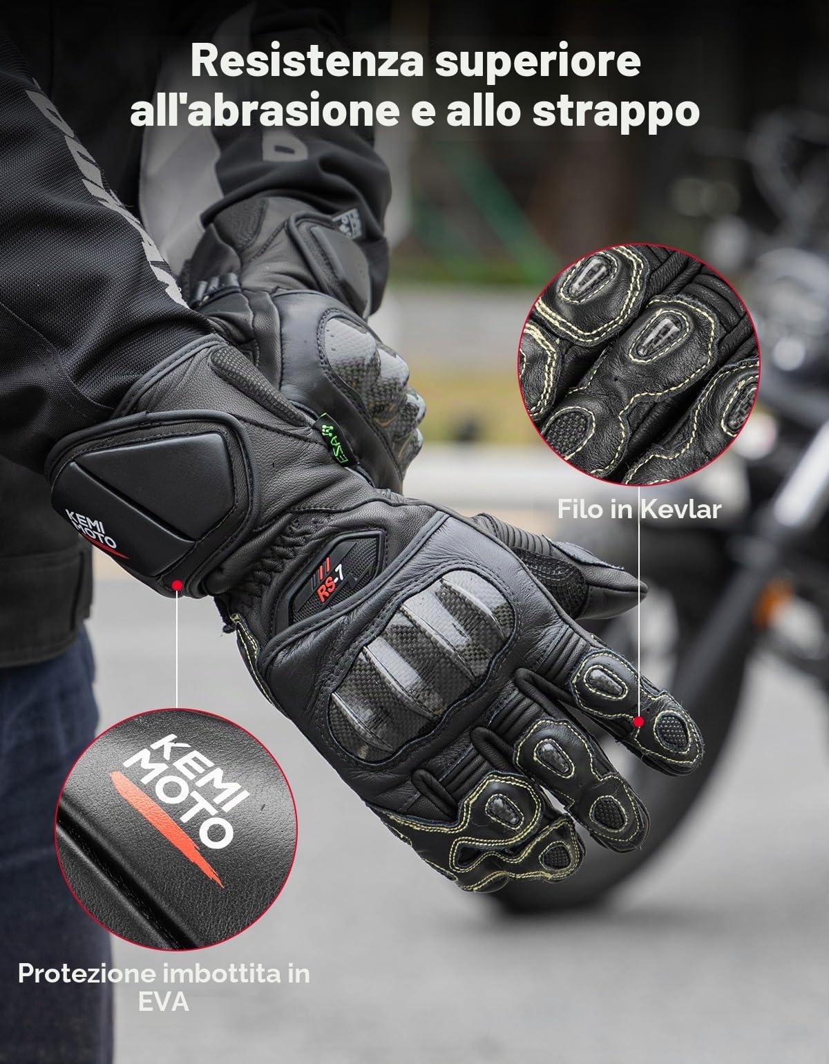 KEMIMOTO Guanti Moto in Pelle, Guanti da Gara per Uomo e Donna con Touchscreen e Protezione in Fibra di Carbonio, Ideali per Gare Professionali di Motocicletta e Bicicletta