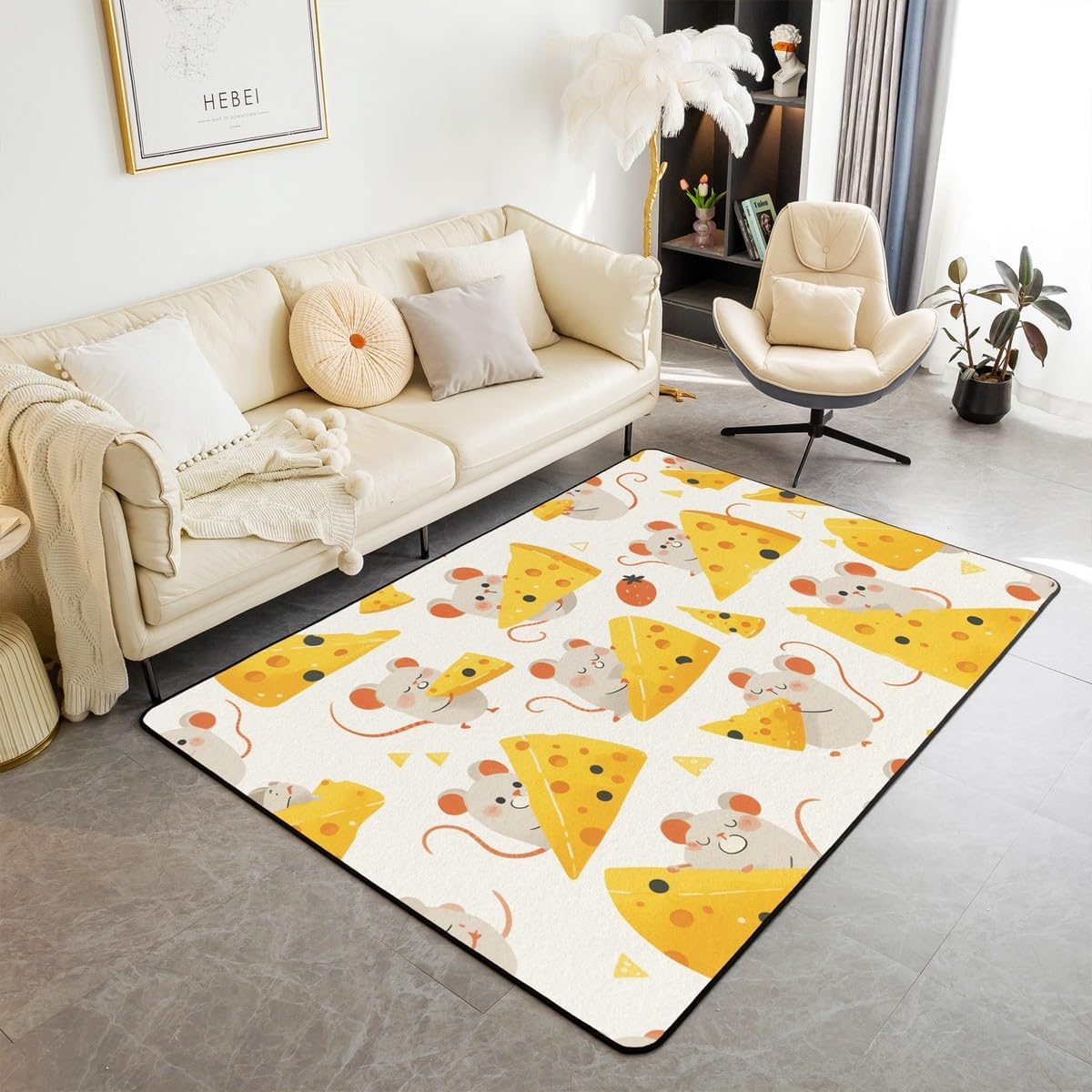 Feelyou Cartoon Mouse Yellow Cheese Rugs for Living Room Bedroom for Kids Boys Girls Teens Toddler Cute Mouse Decorative Carpet Area Rug 3x5 Animal Print Indoor Floor Mat