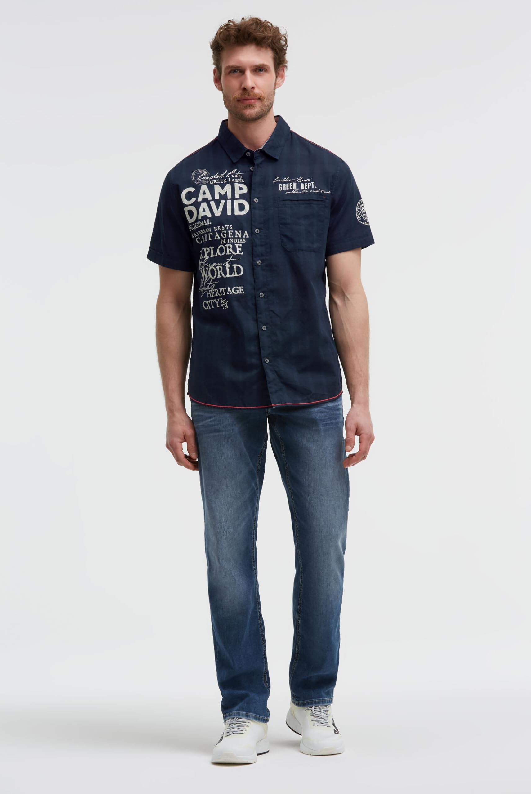 Camp David Herren Kurzarmhemd 100% Baumwolle Regular Fit Webstruktur mit Logo Prints Sommer Freizeithemd