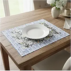 Jogo Americano de tecido Kit com 6 peças Retangular Jantar Mesa Posta Natal (6, FLORAL AZUL)