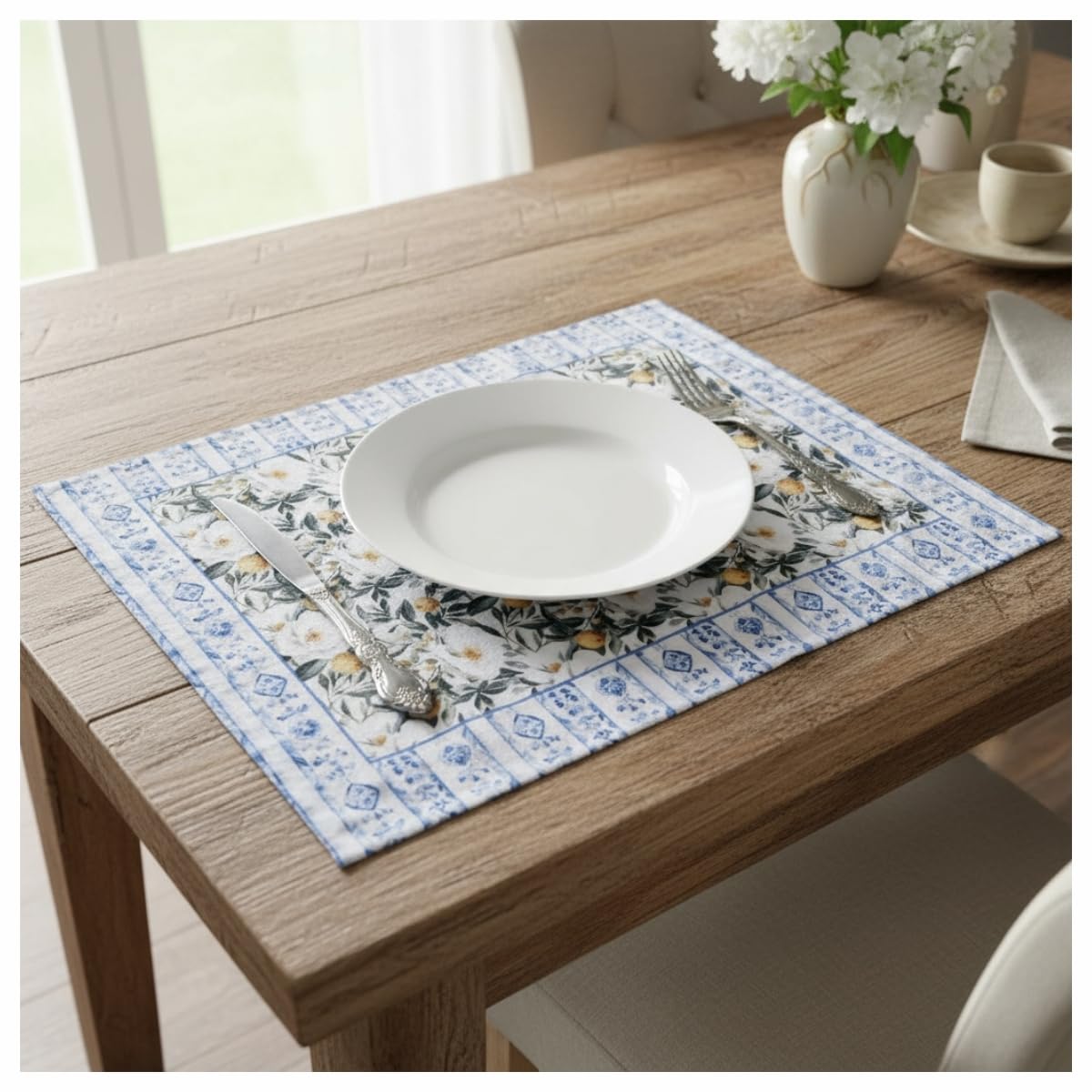 Jogo Americano de tecido Kit com 6 peças Retangular Jantar Mesa Posta (6, FLORAL AZUL)
