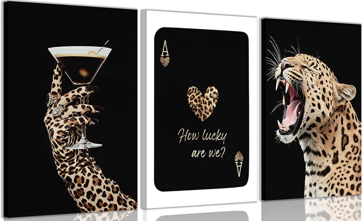 3Pcs Black Trendy Leopard Canvas Wall Art Black Preppy Wall Decor Prints Cheetah Martini Ace of Spades Painting Pictures Artwork for Bedroom Apartment Dorm Home Decoration 12x16in Framed