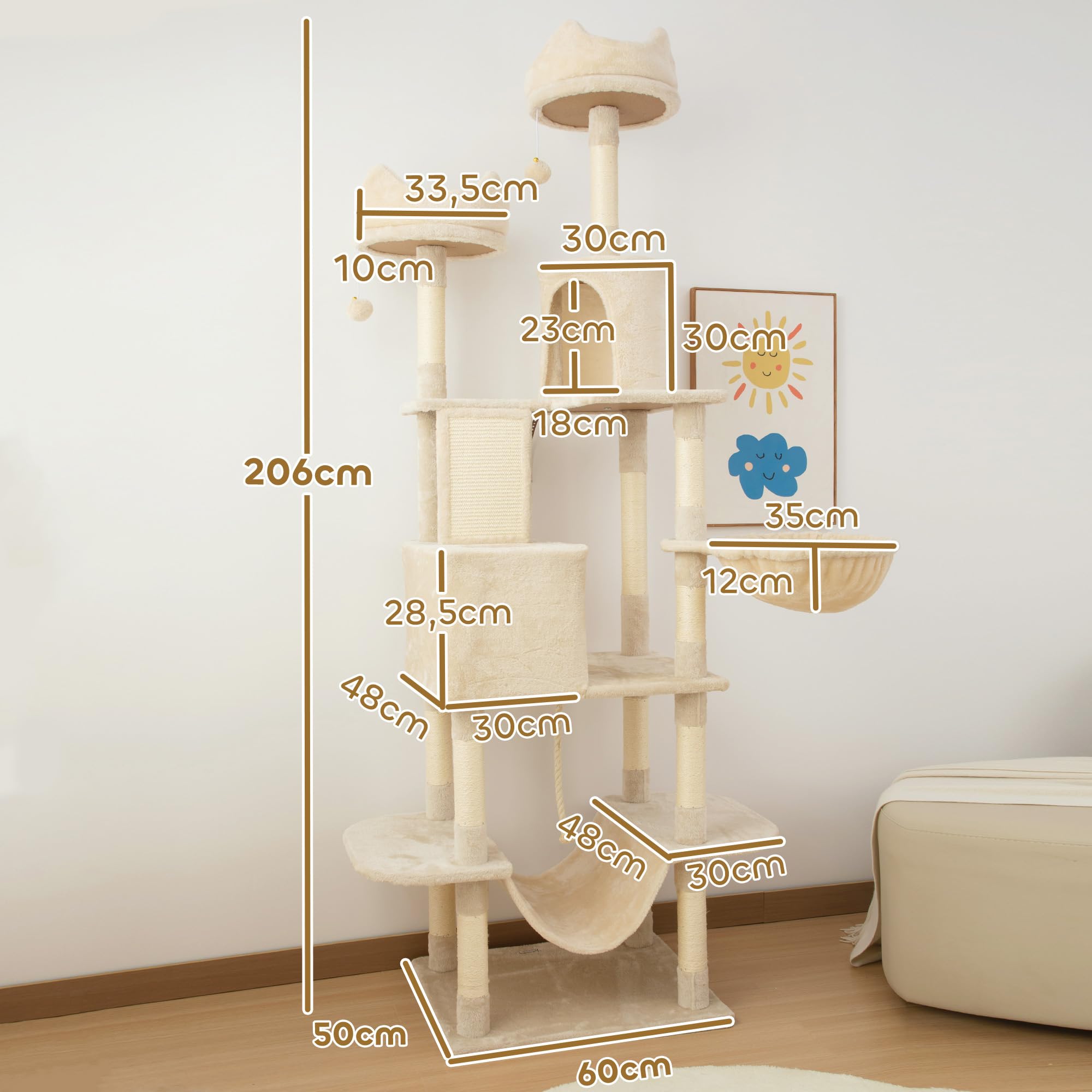 PawHut Rascador para Gatos Grande Altura 206 cm con Cuevas Hamacas Beige | Árbol para Gatos, Torre de Escalera, Plataformas, Bolas Colgantes