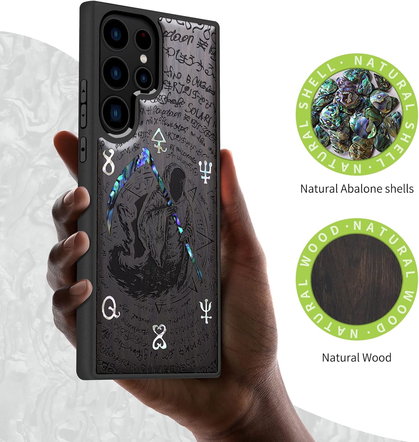 Carveit Designer Wooden Case for Samsung Galaxy S23 Ultra Cover [Wood Engraving & Shell Inlay] Wood Phone Case Compatible with Wireless Chargers Galaxy S23 Ultra Case (Grim Reaper-Blackwood)