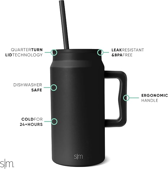 Simple Modern 50 oz Mug Tumbler with Handle and Straw Lid | Reusable Insulated Stainless Steel Large Water Bottle | Gifts for Women Men Him Her | Trek Collection | 50oz | Midnight Black