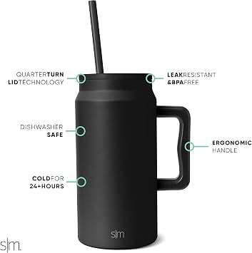 Simple Modern 50 oz Mug Tumbler with Handle and Straw Lid | Reusable Insulated Stainless Steel Large Water Bottle | Gifts for Women Men Him Her | Trek Collection | 50oz | Midnight Black