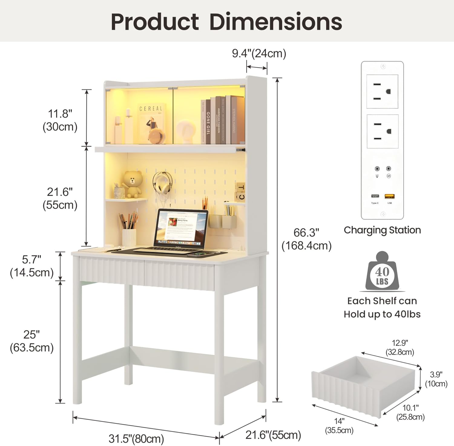 Lvifur 31.5" Small Study Desk with - Glass Doors,Computer Desk w/Charging Station and LED Reading Lights,Compact Writing Desk with Drawers,Writing Home Office Desks for Small Spaces Bedroom,White