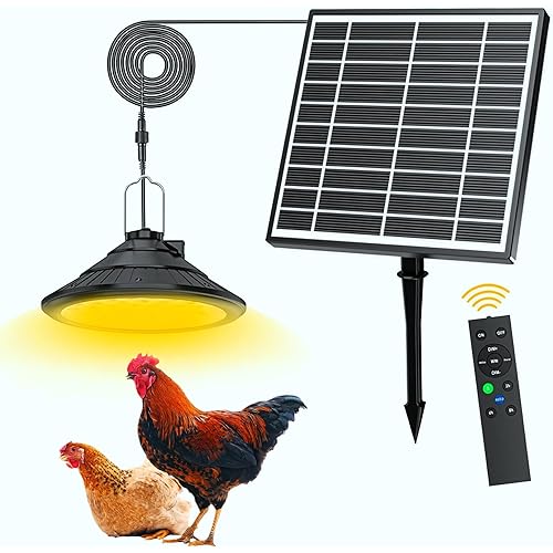 Solar Chicken Coop Light with Timer | 3-Color Dimmable LED, IP66 Waterproof & 16.4ft Cord | Hanging Ceiling Pendant Light for Poultry Farms, Coops(with Solar Panels, Carabiner)