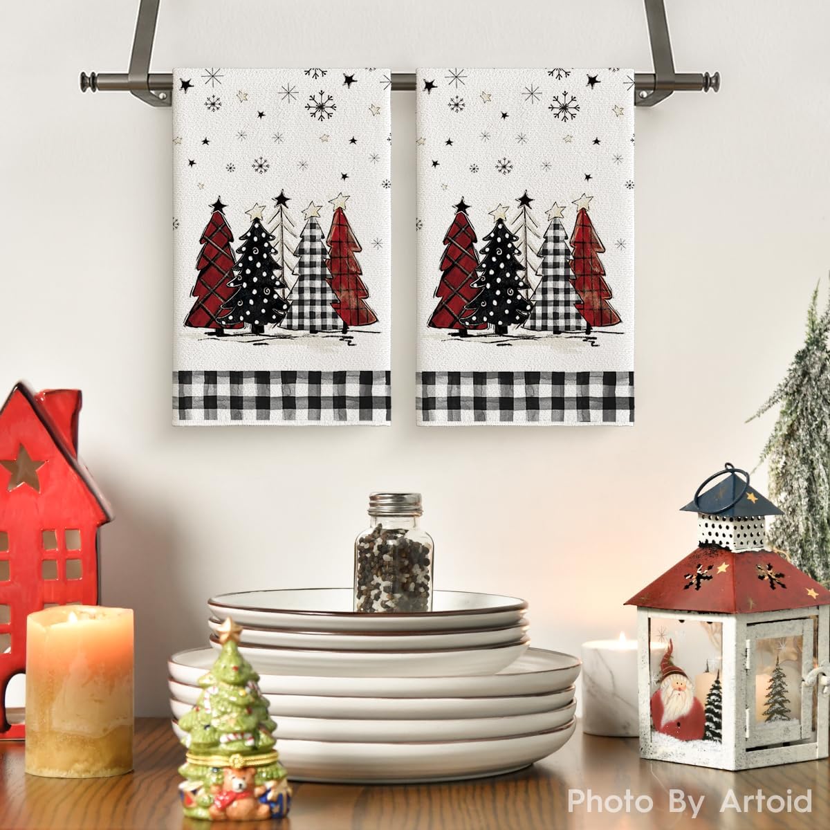 Artoid Mode Black White Buffalo Plaid Xmas Trees Christmas Kitchen Towels Dish Towels, 18x26 Inch Daily Seasonal Winter Decoration Hand Towels Set of 2 - Image 2
